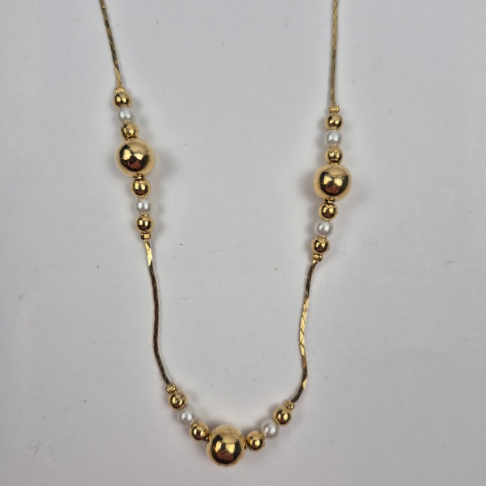 Gold Tone Faux Pearl Station Necklace 24"‎ Delicate Beaded Layering Quiet Luxury